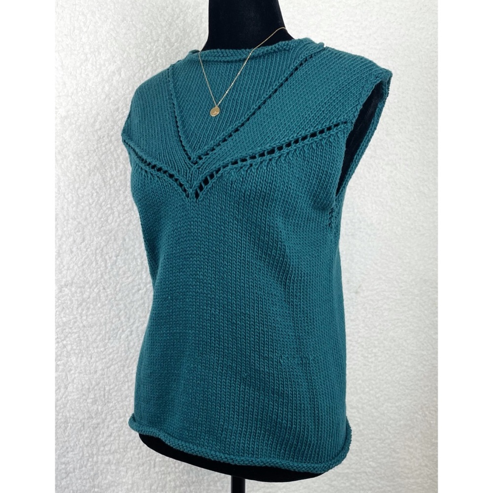 Handmade Teal Knit Sleeveless Blouse, M - Picture 7 of 10